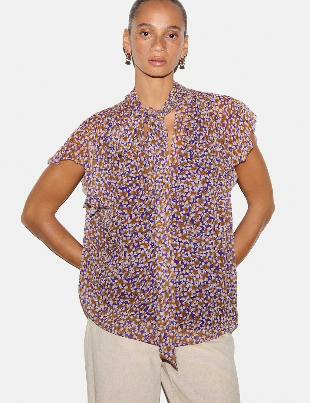 Jigsaw Women's Ditsy Floral Tie Neck Top - 12 - Purple Mix - Available at M&S