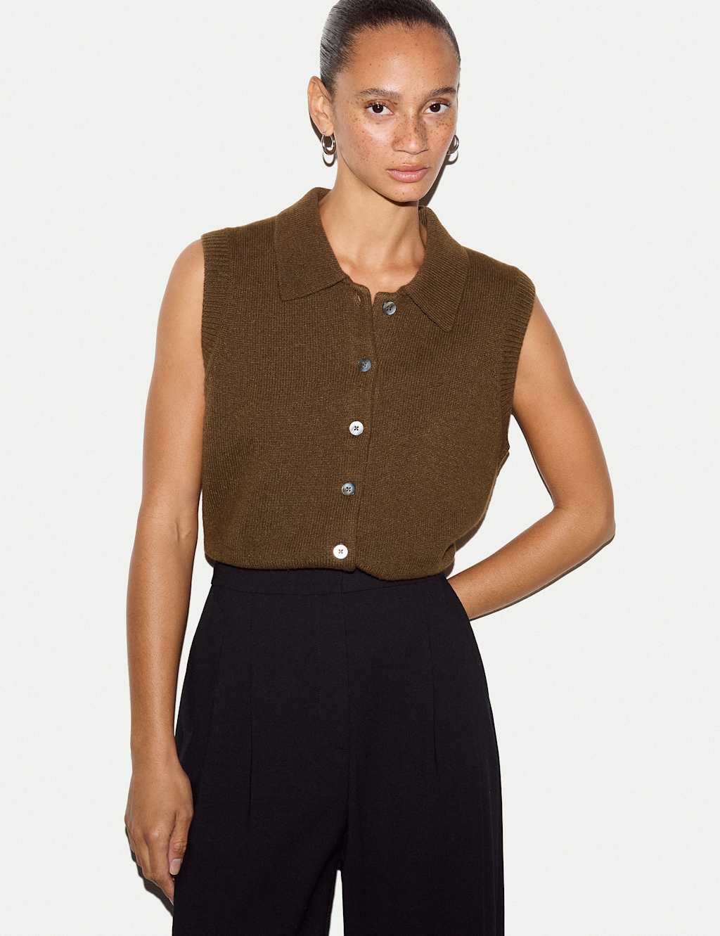 Jigsaw Women's Wool Rich Collared Button Through Vest - Small - Khaki - Available at M&S