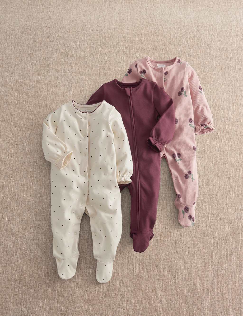 Mamas & Papas Girls 3 Pack Cotton Rich Bramble Sleepsuits (0-24 Mths) - 9-12 Months - Multi - Available at M&S