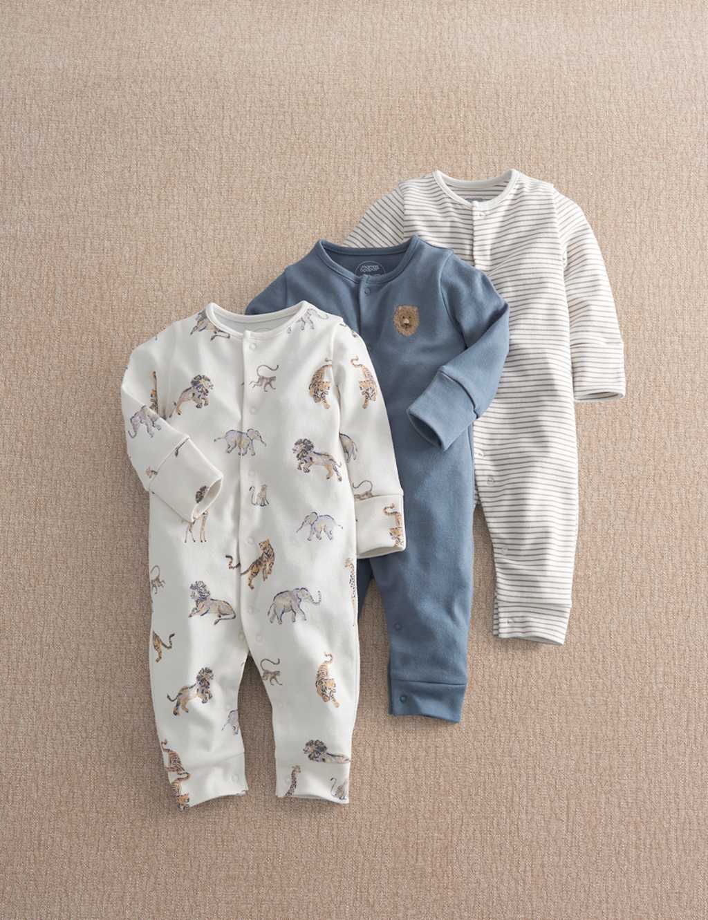 Mamas & Papas Boys 3 Pack Pure Cotton Safari Sleepsuits (0-24 Mths) - 0-3 Months - Multi - Available at M&S