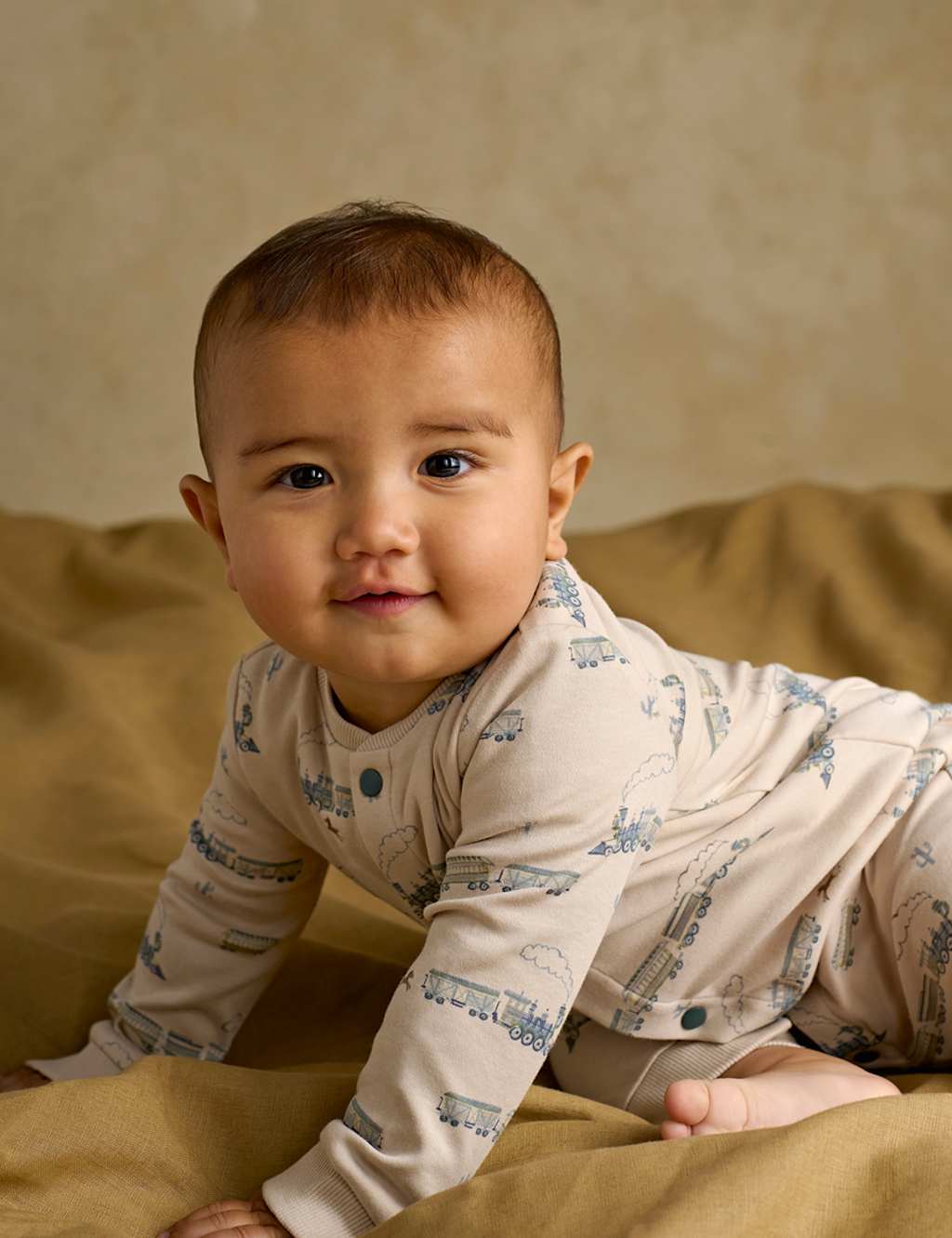 Mamas & Papas Boys Pure Cotton Train Print Romper (0-12 Mths) - Newborn - Cream - Available at M&S