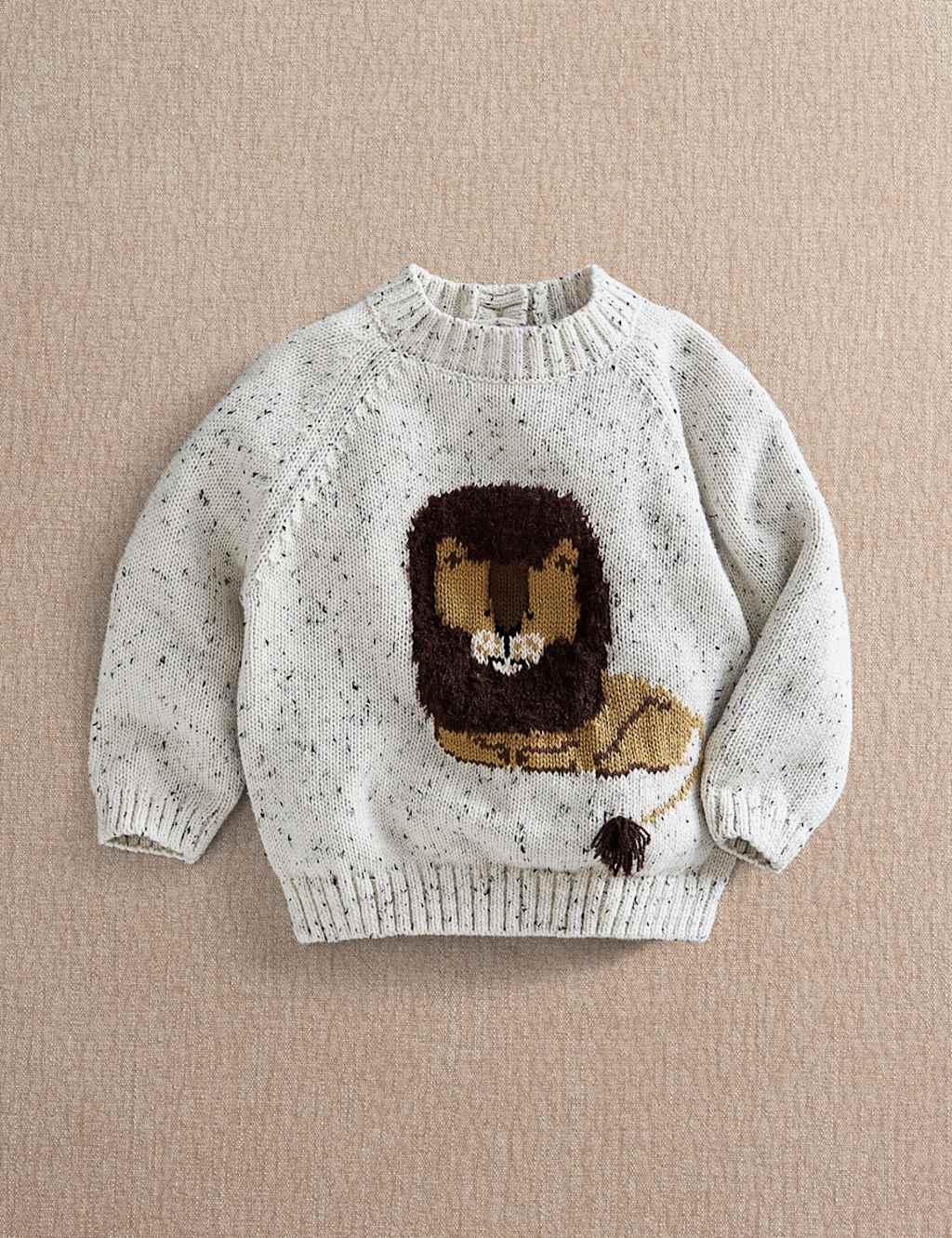 Mamas & Papas Boys Pure Cotton Lion Knitted Jumper (0-36 Mths) - 9-12 Months - Oatmeal - Available at M&S