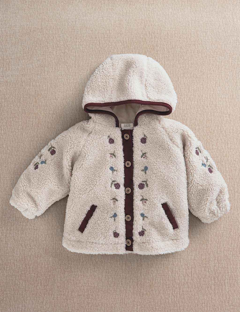 Mamas & Papas Girls Fleece Embroidered Hooded Jacket (3-36 Mths) - 9-12 Months - Cream - Available at M&S