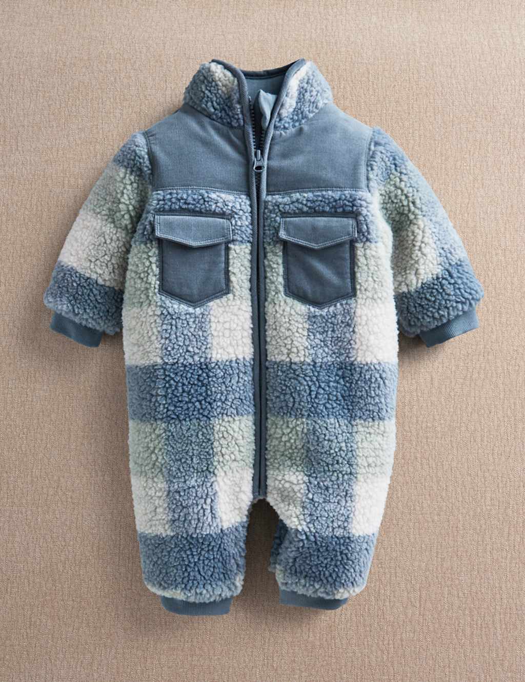 Mamas & Papas Boys Borg Checked Padded Pramsuit (0-12 Mths) - Newborn - Blue - Available at M&S