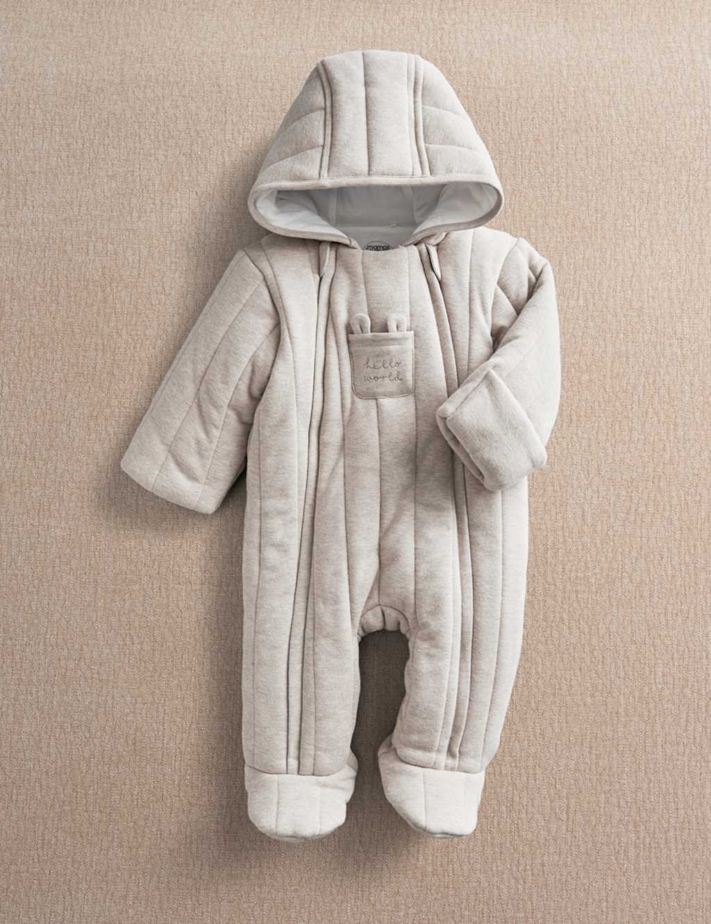 Mamas & Papas Kids Pure Cotton Quilted Hooded Pramsuit (0-12 Mths) - 6-9 Months - Oatmeal - Available at M&S