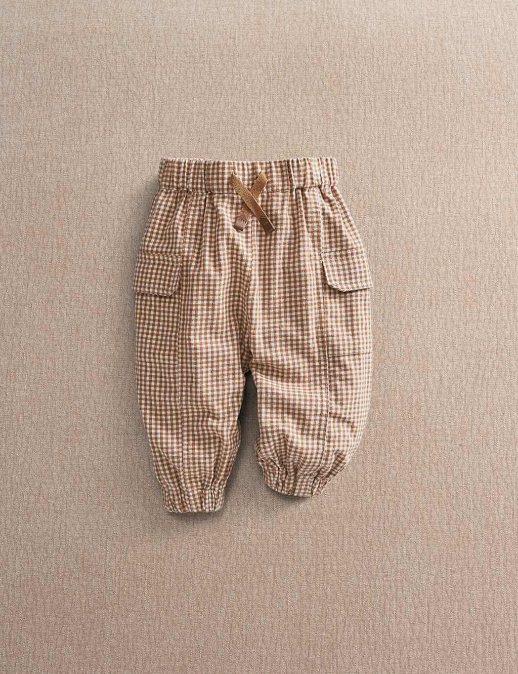 Mamas & Papas Boys Pure Cotton Gingham Cargo Joggers (0-3 Yrs) - 18-24 Months - Beige - Available at M&S