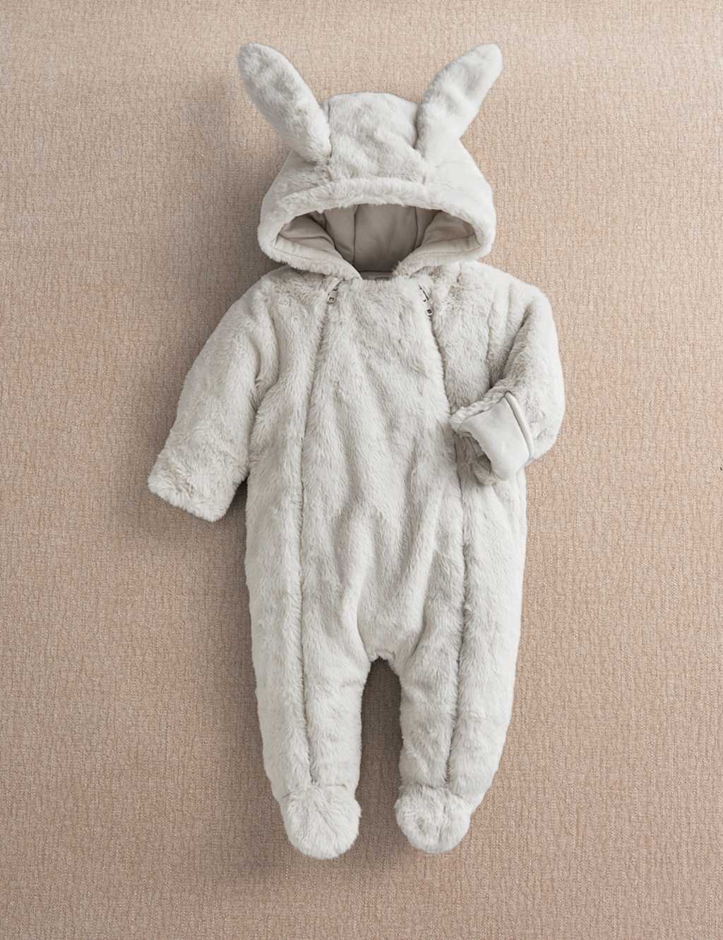 Mamas & Papas Kids Faux Fur Bunny Hooded Padded Pramsuit (0-12 Mths) - 9-12 Months - Grey - Available at M&S