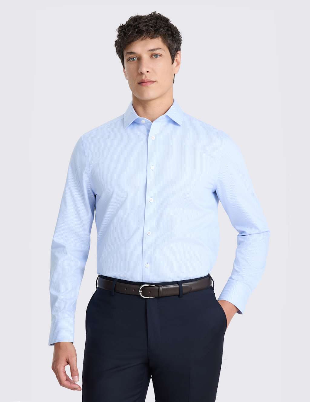 Moss Men's Tailored Fit Non Iron Pure Cotton Stripe Shirt - 16 - Light Blue Mix - Available at M&S