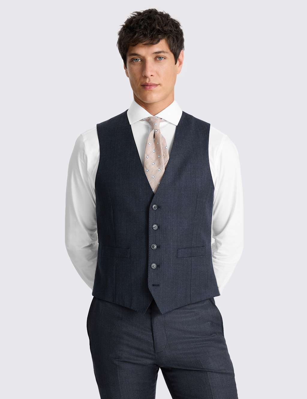 Moss Men's Tailored Wool Rich Performance Check Waistcoat - 36 - Navy Mix - Available at M&S