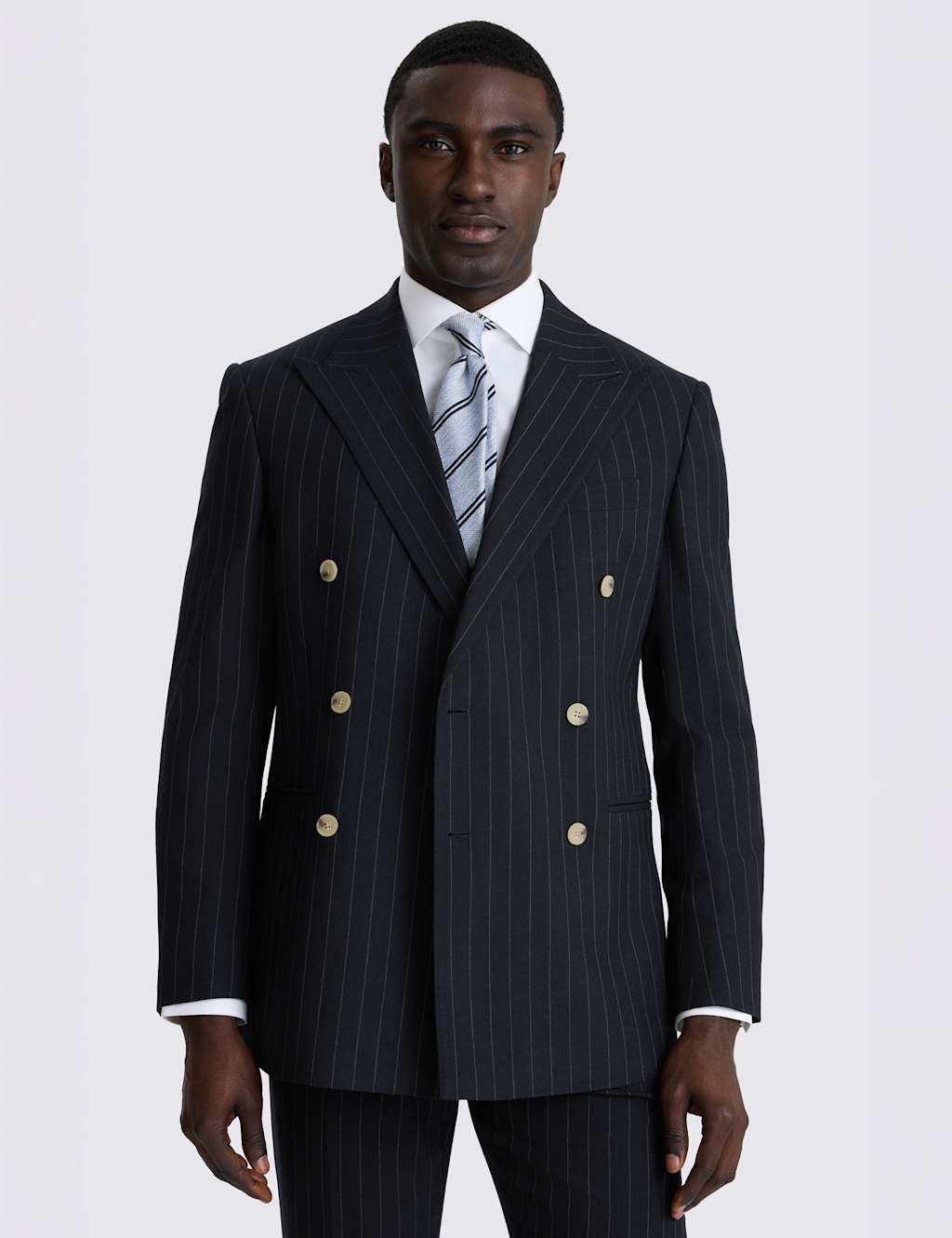 Moss Men's Tailored Fit Pinstripe Double Breasted Suit Jacket - 42 - Navy Mix - Available at M&S