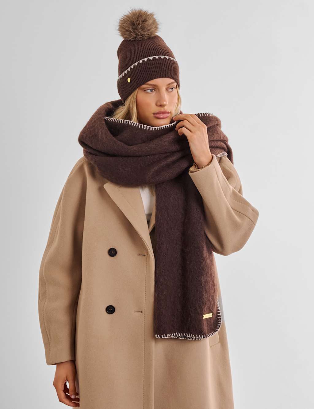 Katie Loxton Women's Brushed Whipstitch Scarf - Chocolate - Available at M&S