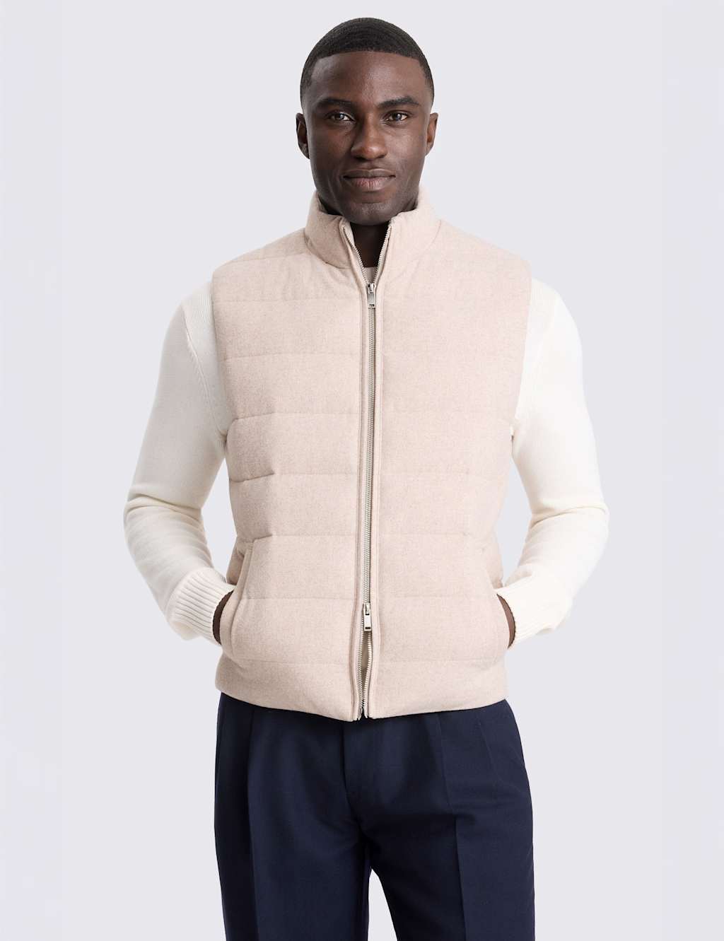 Moss Men's Flannel Padded Funnel Neck Zip Up Gilet - S - Oatmeal - Available at M&S