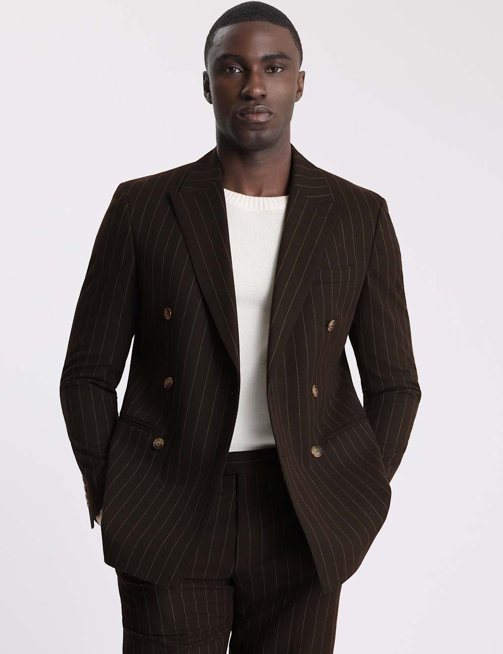 Moss Men's Slim Fit Striped Double Breasted Suit Jacket - 40 - Brown Mix - Available at M&S