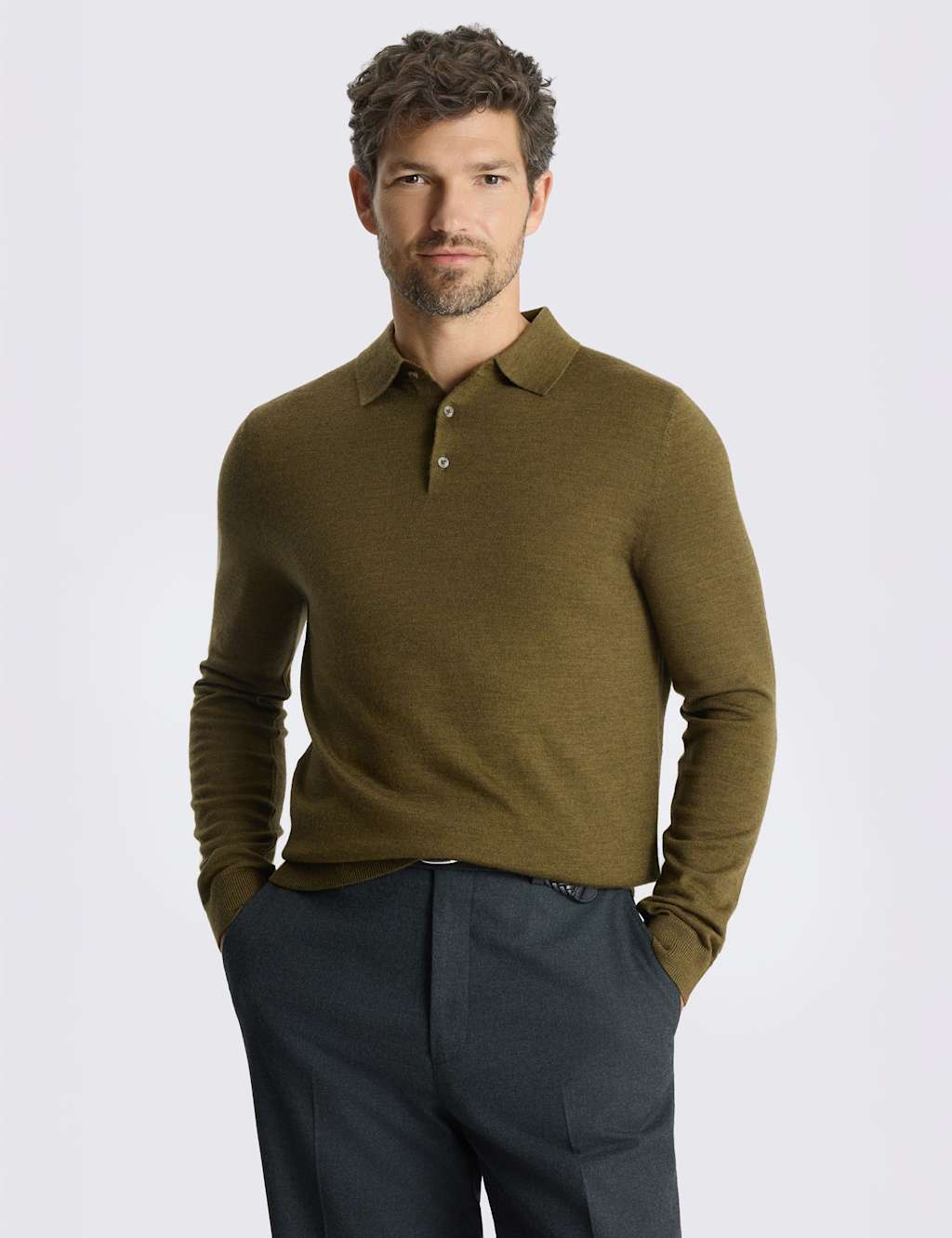 Moss Men's Merino Wool Rich Knitted Polo Shirt - XS - Olive - Available at M&S