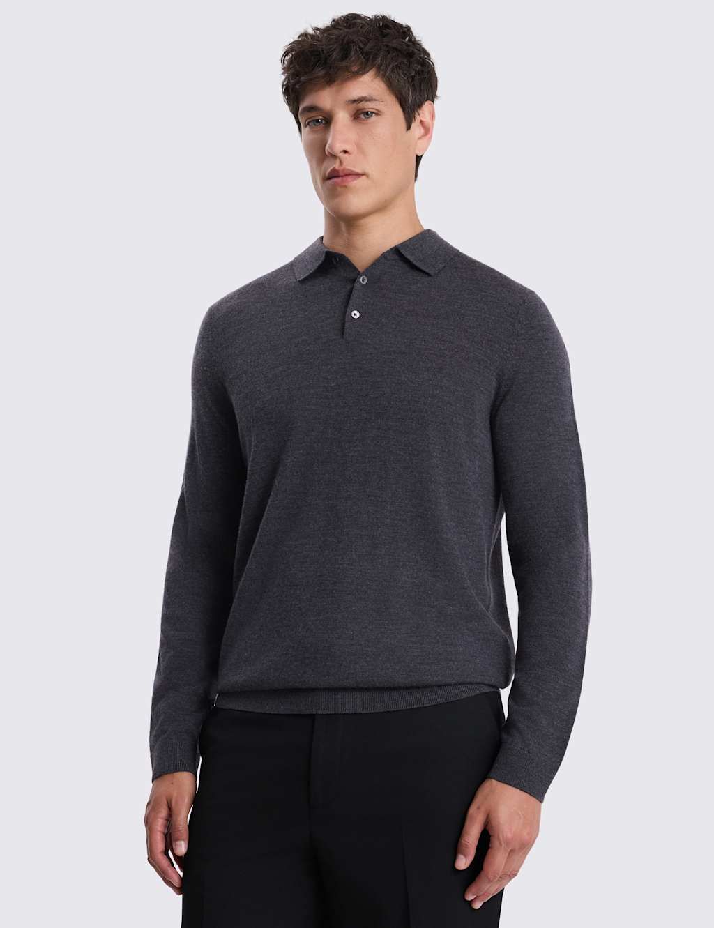Moss Men's Merino Wool Rich Knitted Polo Shirt - M - Charcoal - Available at M&S