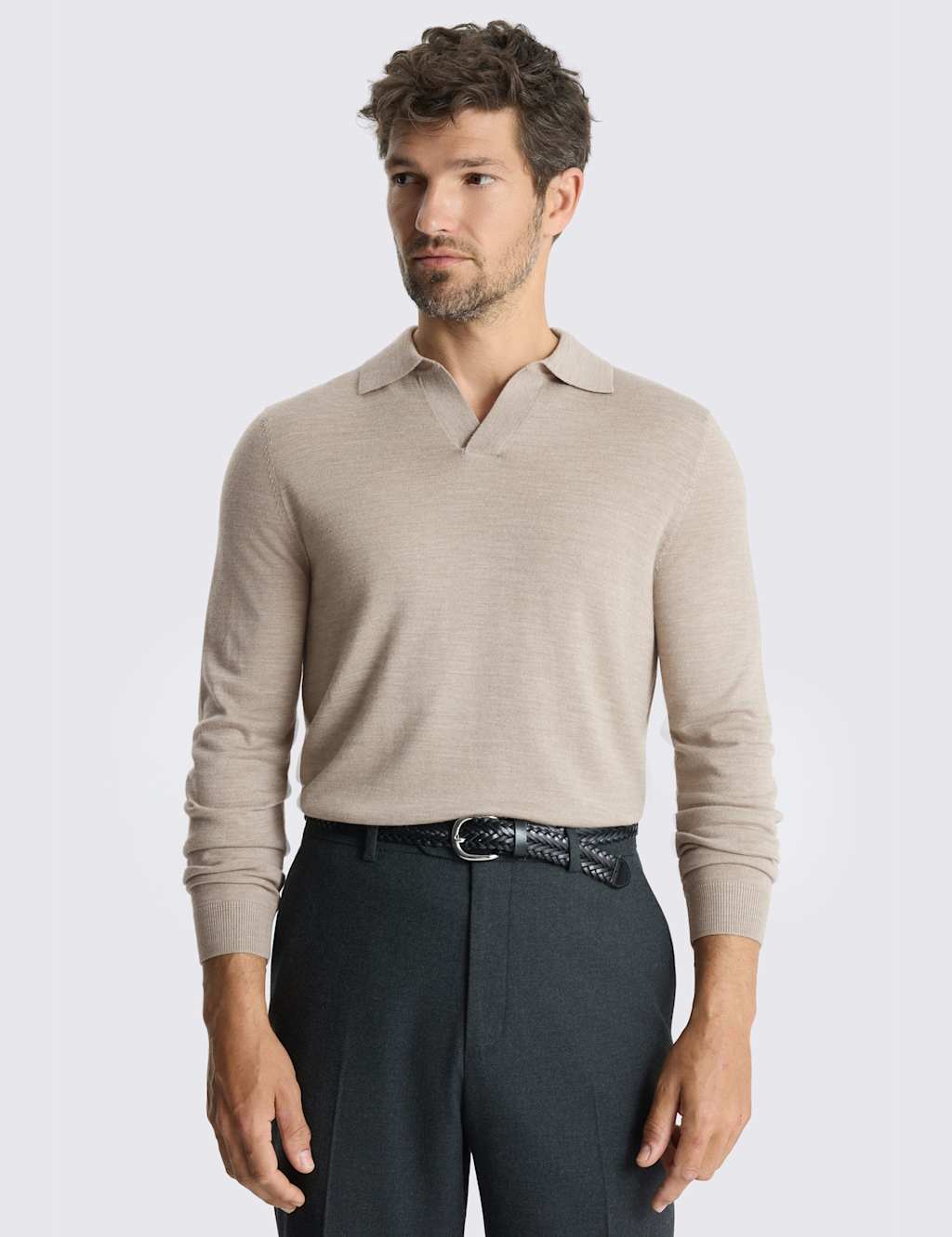 Moss Men's Merino Wool Rich Knitted Polo Shirt - S - Taupe - Available at M&S