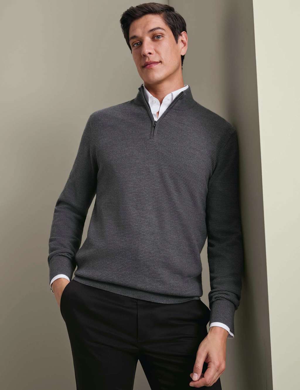 Charles Tyrwhitt Men's Pure Merino Wool Half-Zip Jumper - S - Grey - Available at M&S