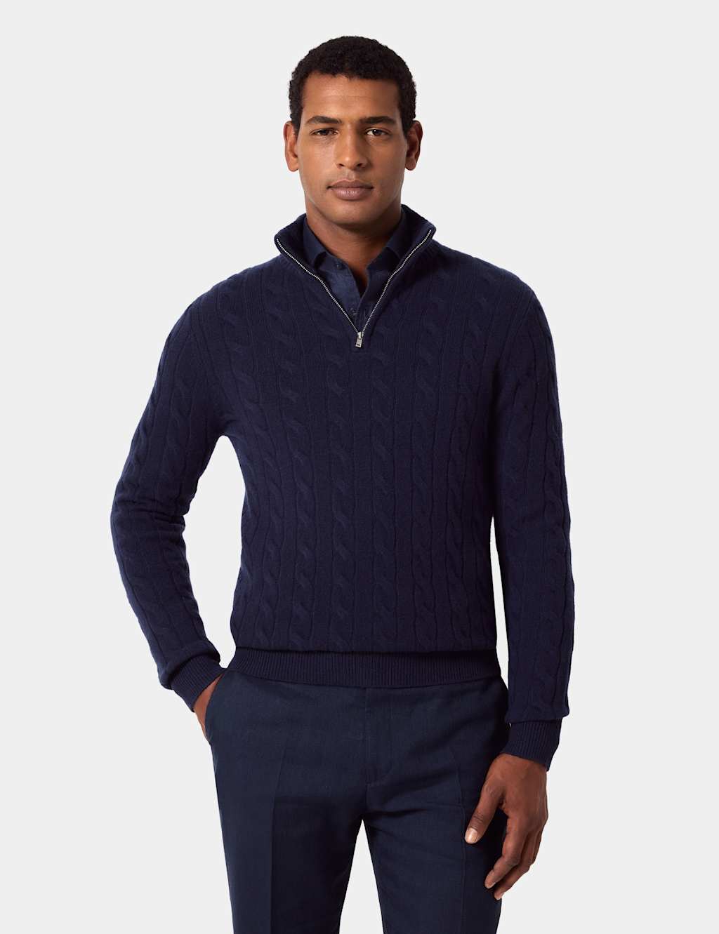 Hawes & Curtis Men's Pure Wool Cable Knit Half Zip Jumper - S - Navy - Available at M&S