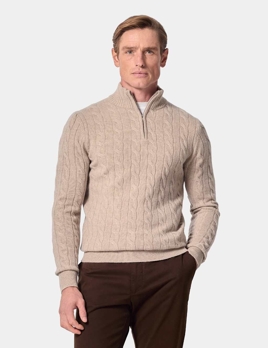 Hawes & Curtis Men's Pure Wool Cable Knit Half Zip Jumper - 2XL - Beige - Available at M&S