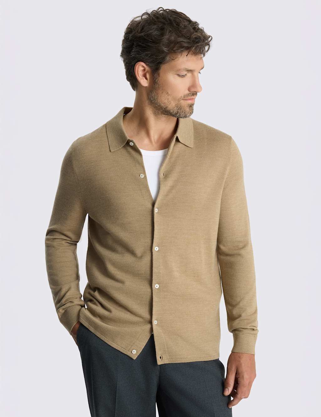 Moss Men's Merino Wool Rich Knitted Shirt - M - Camel - Available at M&S