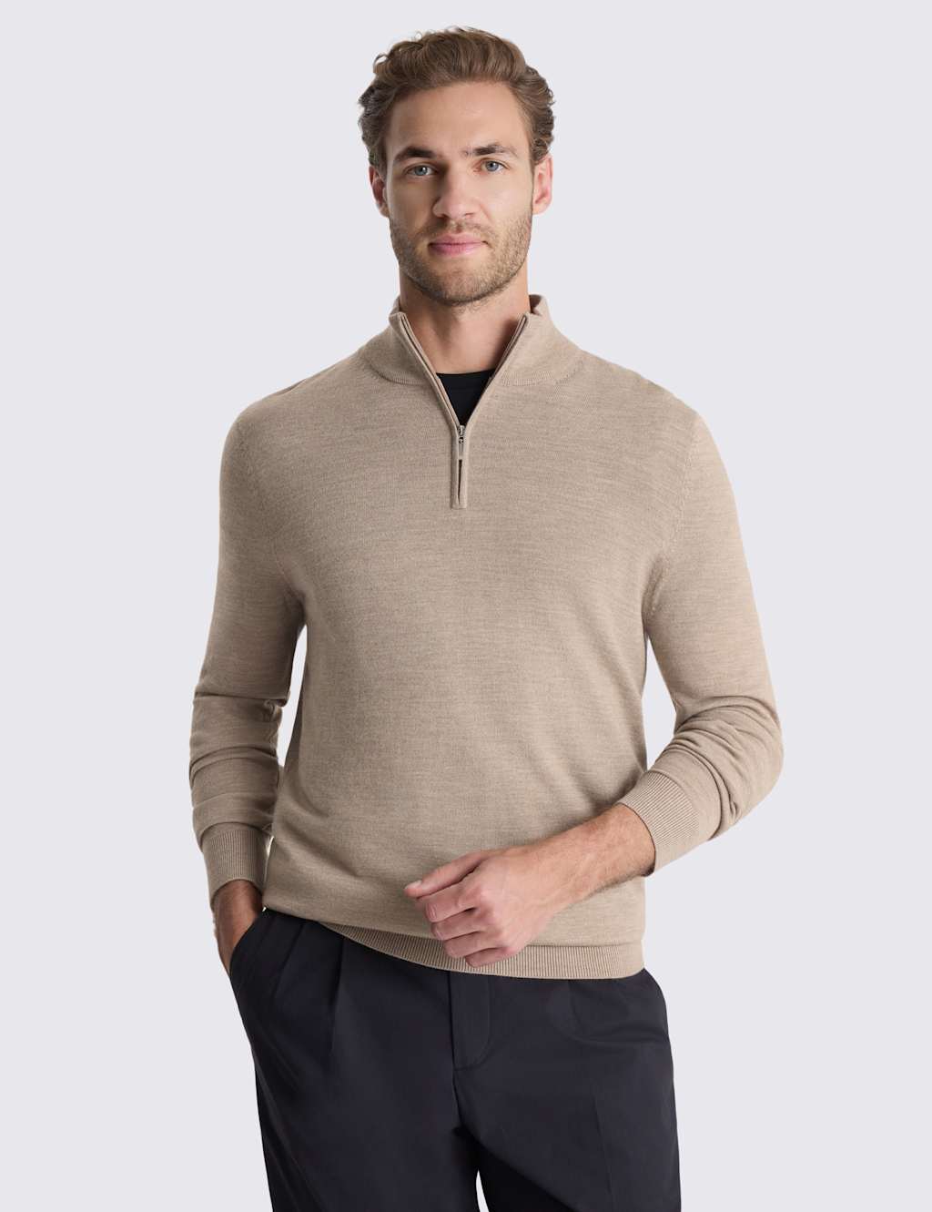 Moss Men's Merino Wool Rich Half Zip Jumper - L - Taupe - Available at M&S