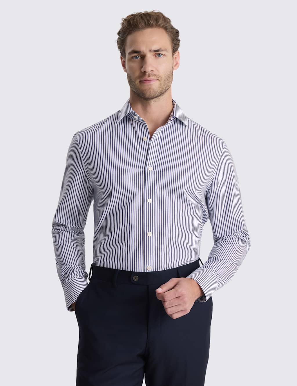 Moss Men's Tailored Fit Non Iron Pure Cotton Striped Shirt - 17½ - Navy Mix - Available at M&S