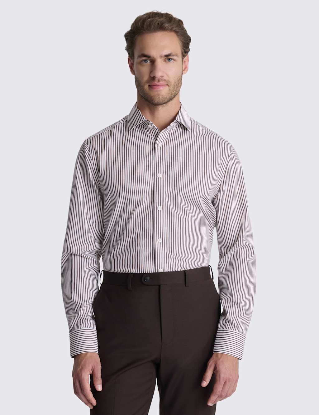 Moss Men's Tailored Fit Non Iron Pure Cotton Striped Shirt - 16 - Brown Mix - Available at M&S