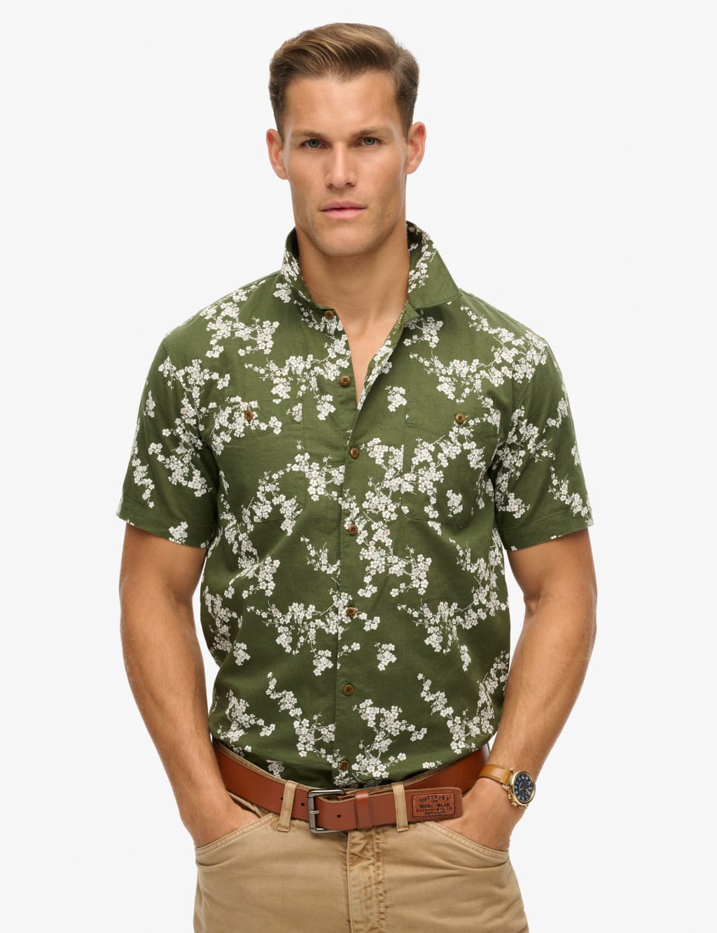 Superdry Men's Linen Blend Printed Shirt - Olive, Olive