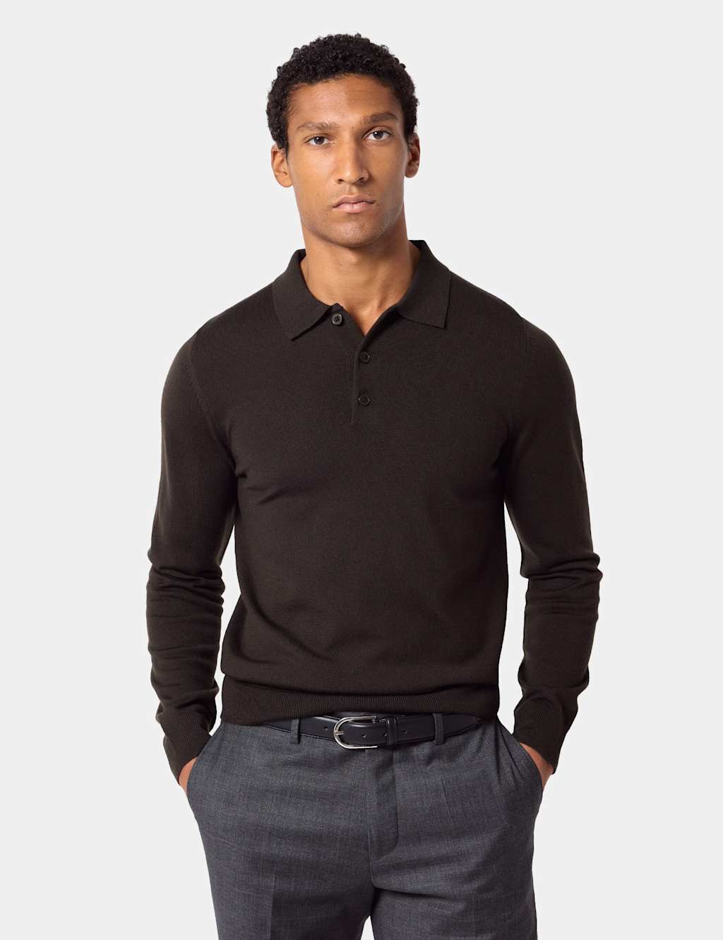 Hawes & Curtis Men's Pure Wool Long Sleeve Polo Shirt - 2XL - Olive - Available at M&S