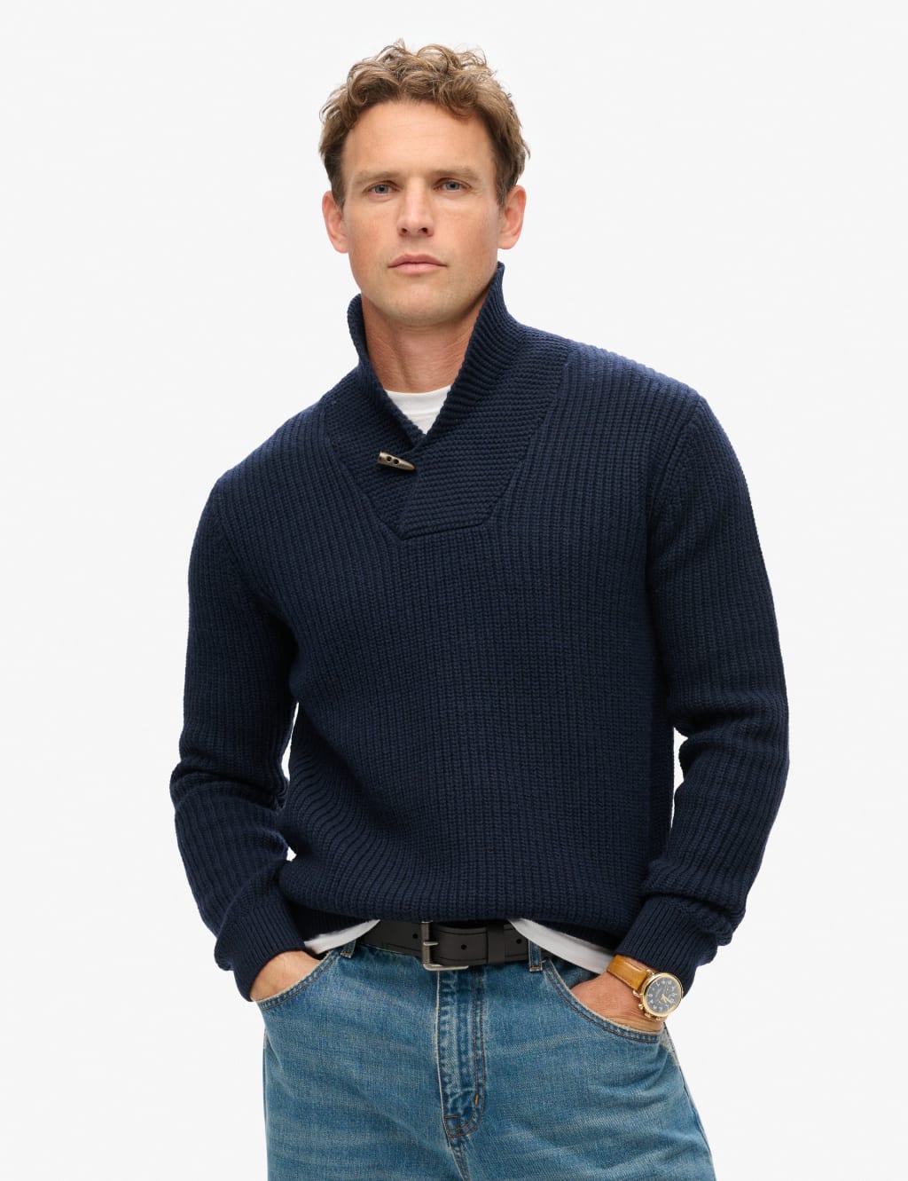 Wool Blend Textured Shawl Collar Jumper