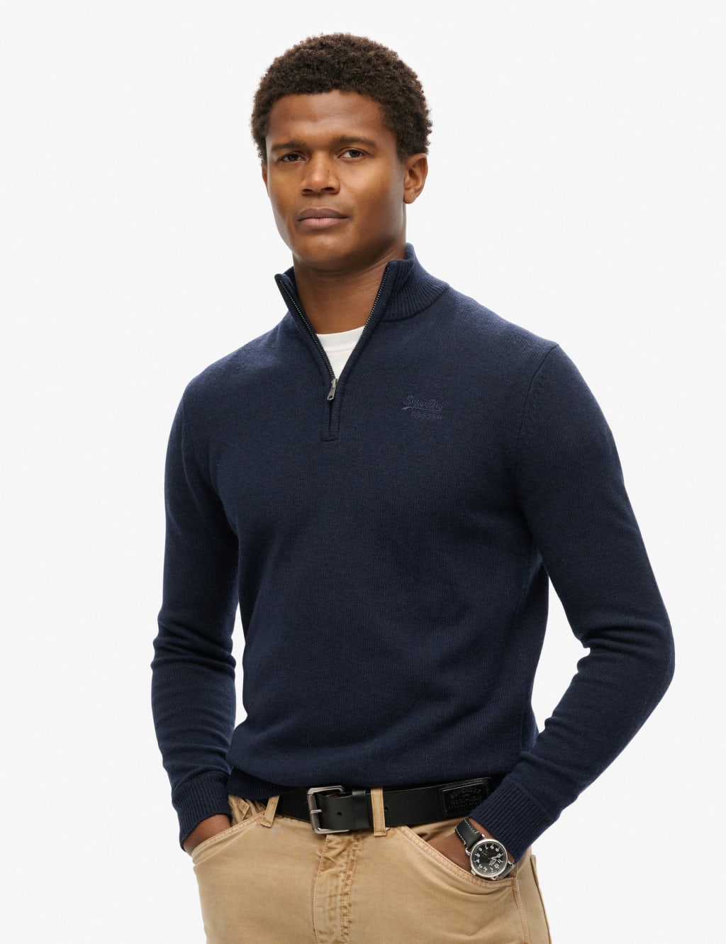 Wool Blend Cable V-Neck Half Zip Jumper