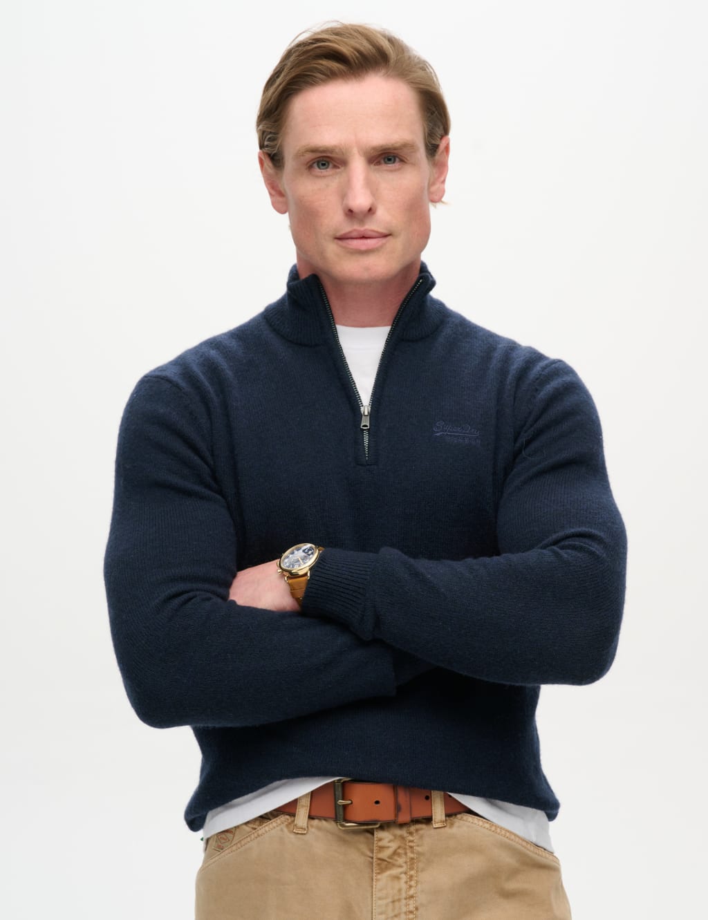 Wool Blend Cable V-Neck Half Zip Jumper