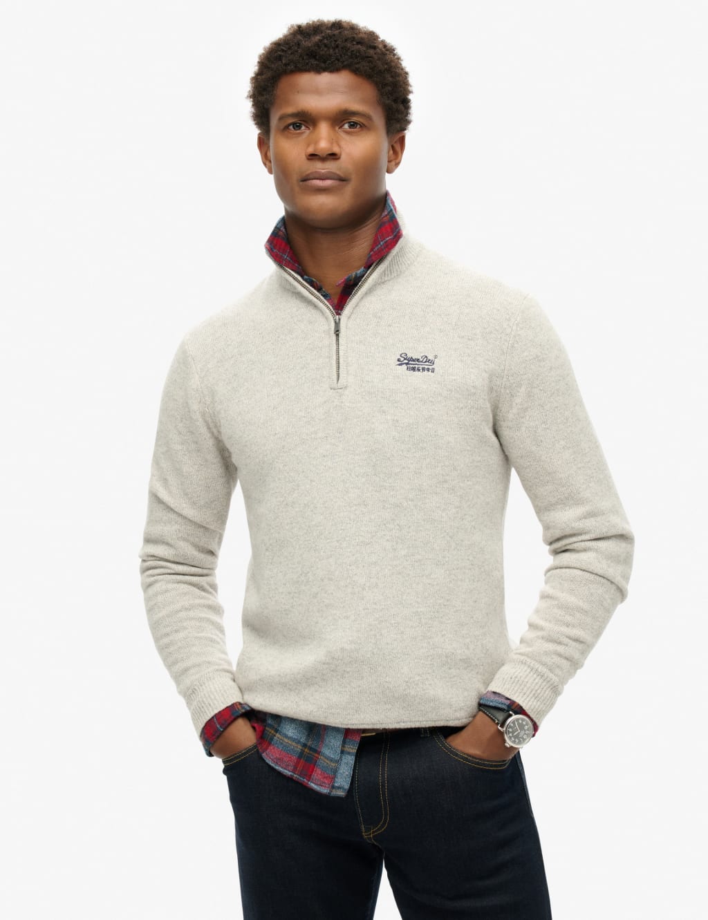 Wool Blend Cable V-Neck Half Zip Jumper
