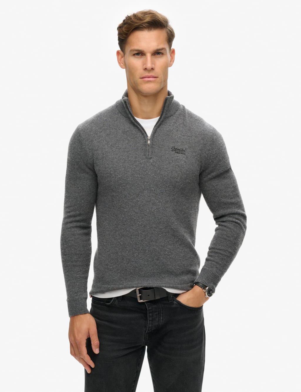 Wool Blend Cable V-Neck Half Zip Jumper
