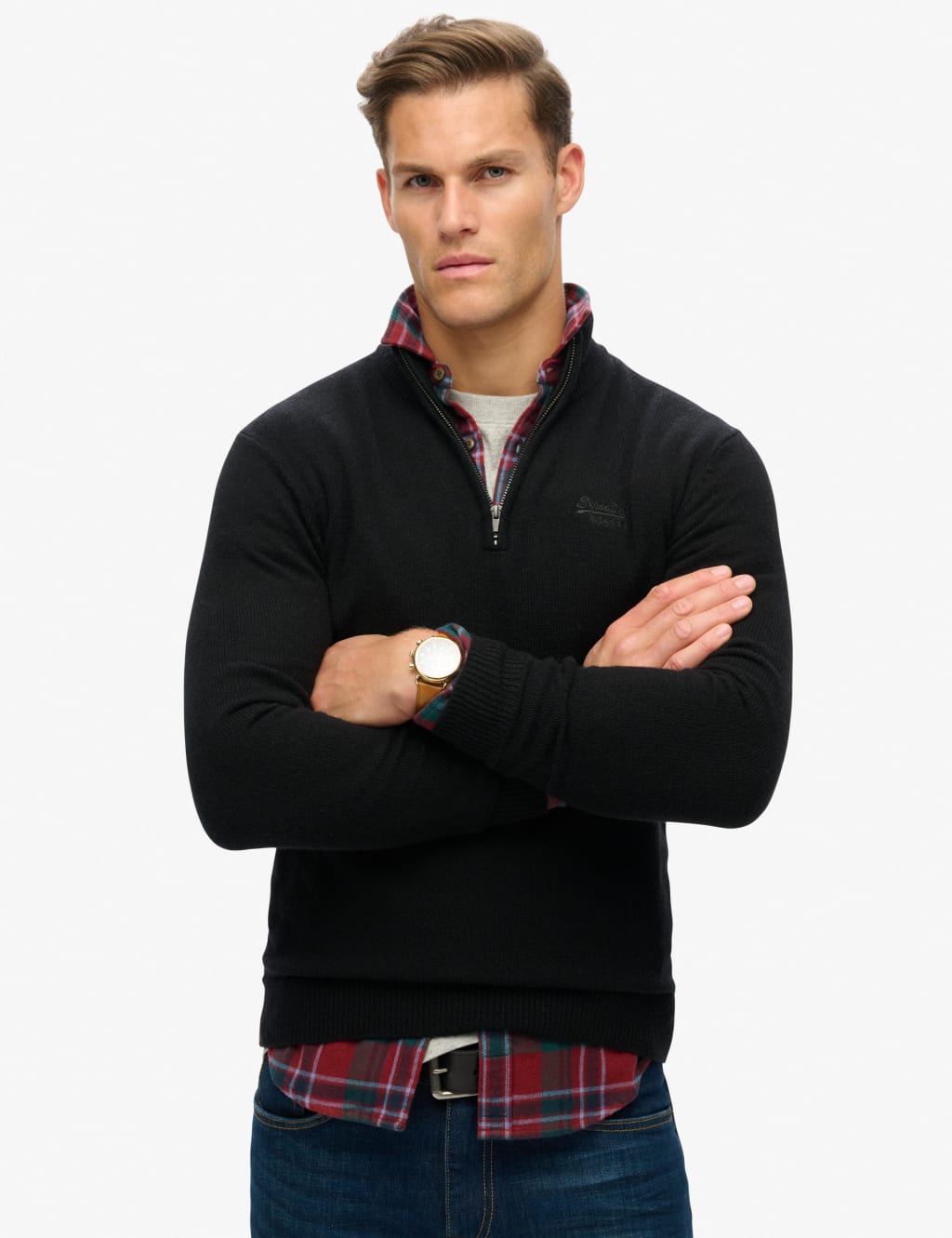 Wool Blend Cable V-Neck Half Zip Jumper