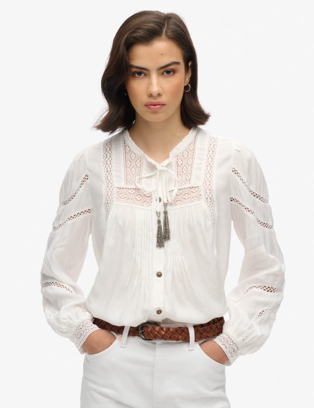 Pure Cotton Lace Blouson Sleeve Blouse