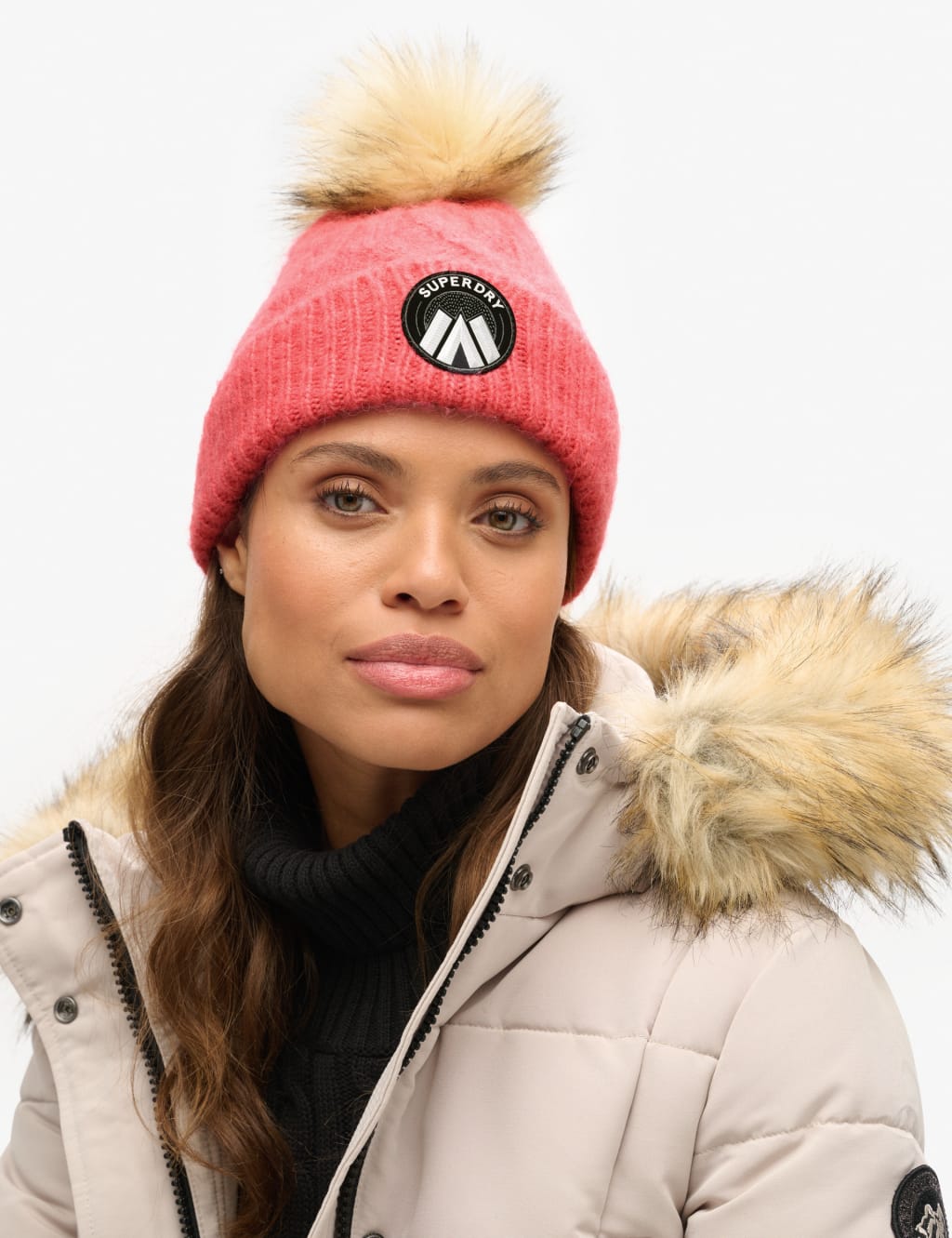 Cable Knit Pom Pom Beanie Hat with Wool