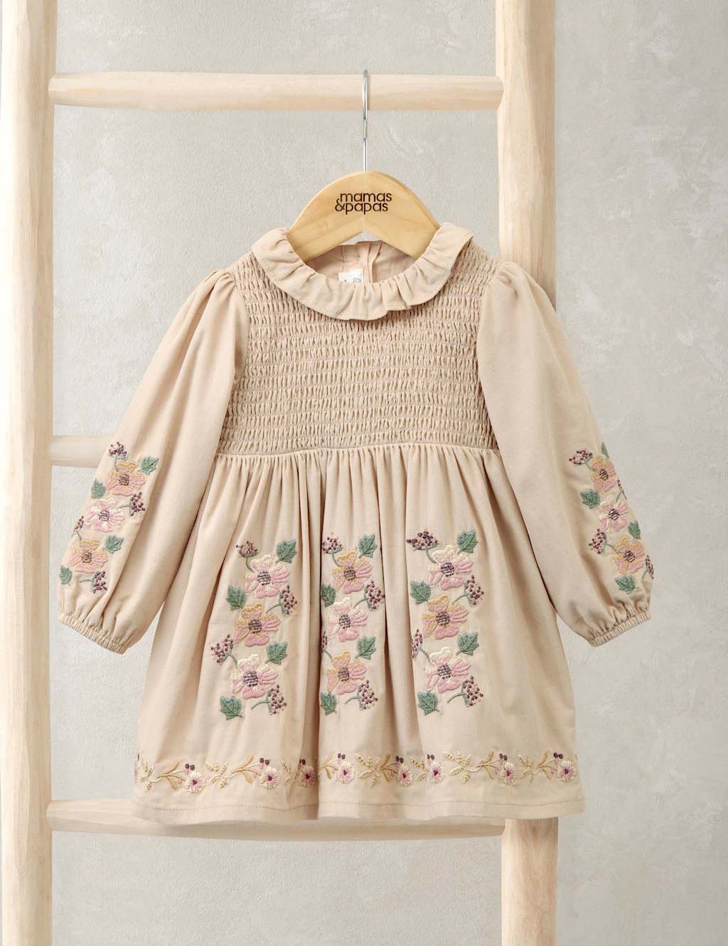 Mamas & Papas Pure Cotton Cord Floral Dress (0 Mths-3 Yrs) Beige