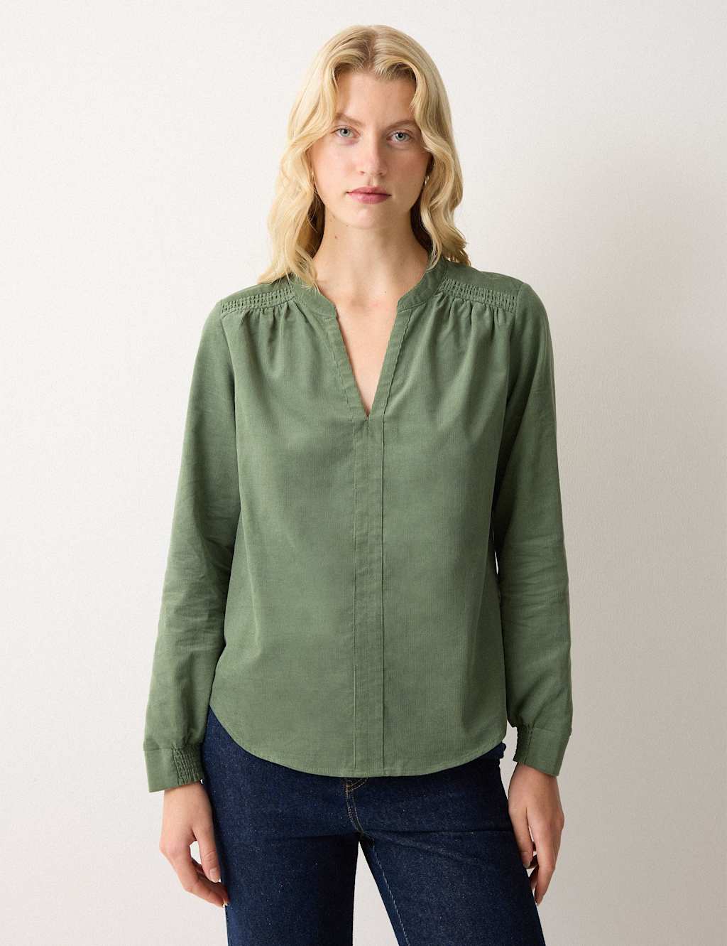 Jigsaw Cord V-Neck Shirred Detail Popover Blouse Green