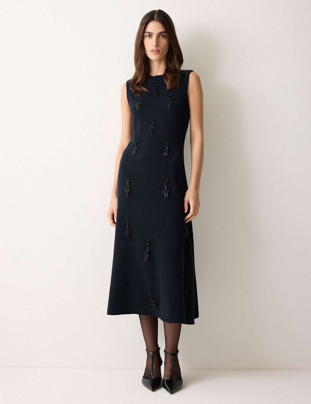 Jigsaw Pure Wool Embellished Knitted Midi Dress Navy