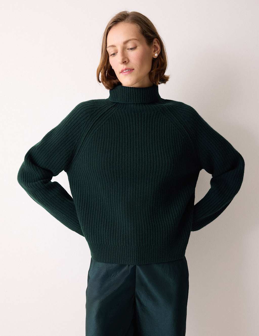 Jigsaw Pure Wool Ribbed Roll Neck Jumper Green