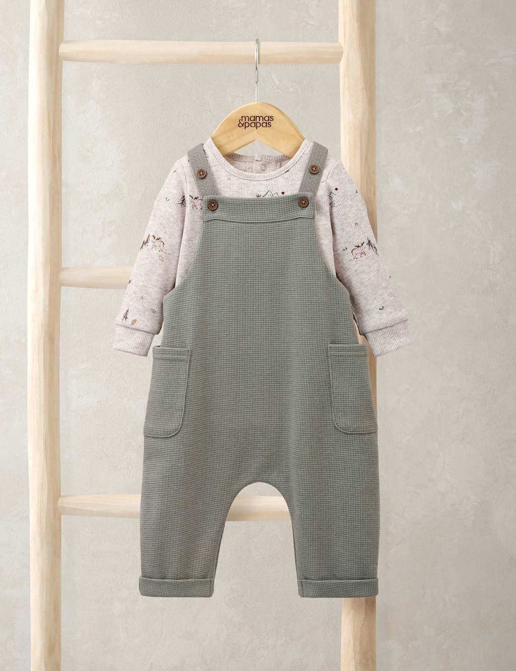 Mamas & Papas 2pc Moose Print Dungarees Outfit (0-3 Yrs) Green Mix
