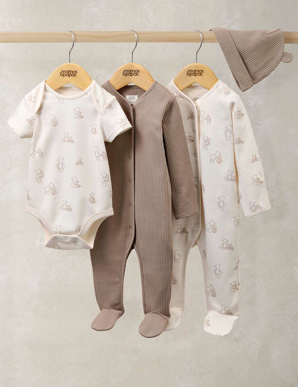 Mamas & Papas 4pc Teddy Bear Bodysuit and Hat Set (0-9 Mths) Oatmeal Mix