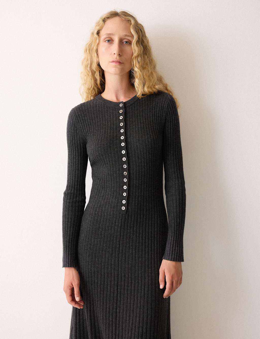 Jigsaw Wool Rich Ribbed Knitted Midi Skater Dress Charcoal