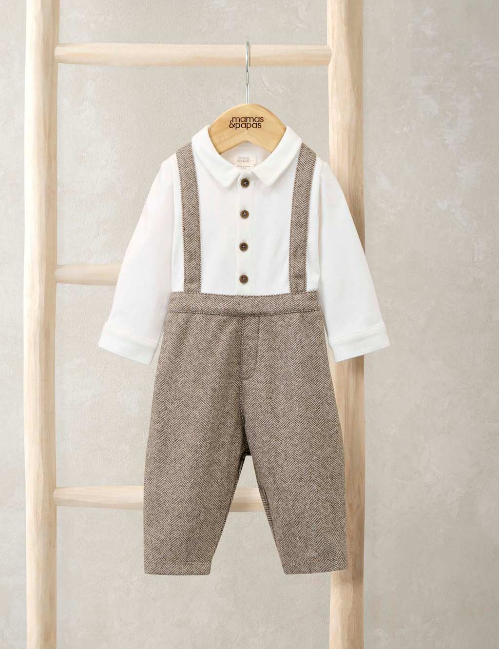 Mamas & Papas Pure Cotton Mock Shirt Romper (0-18 Mths) Oatmeal