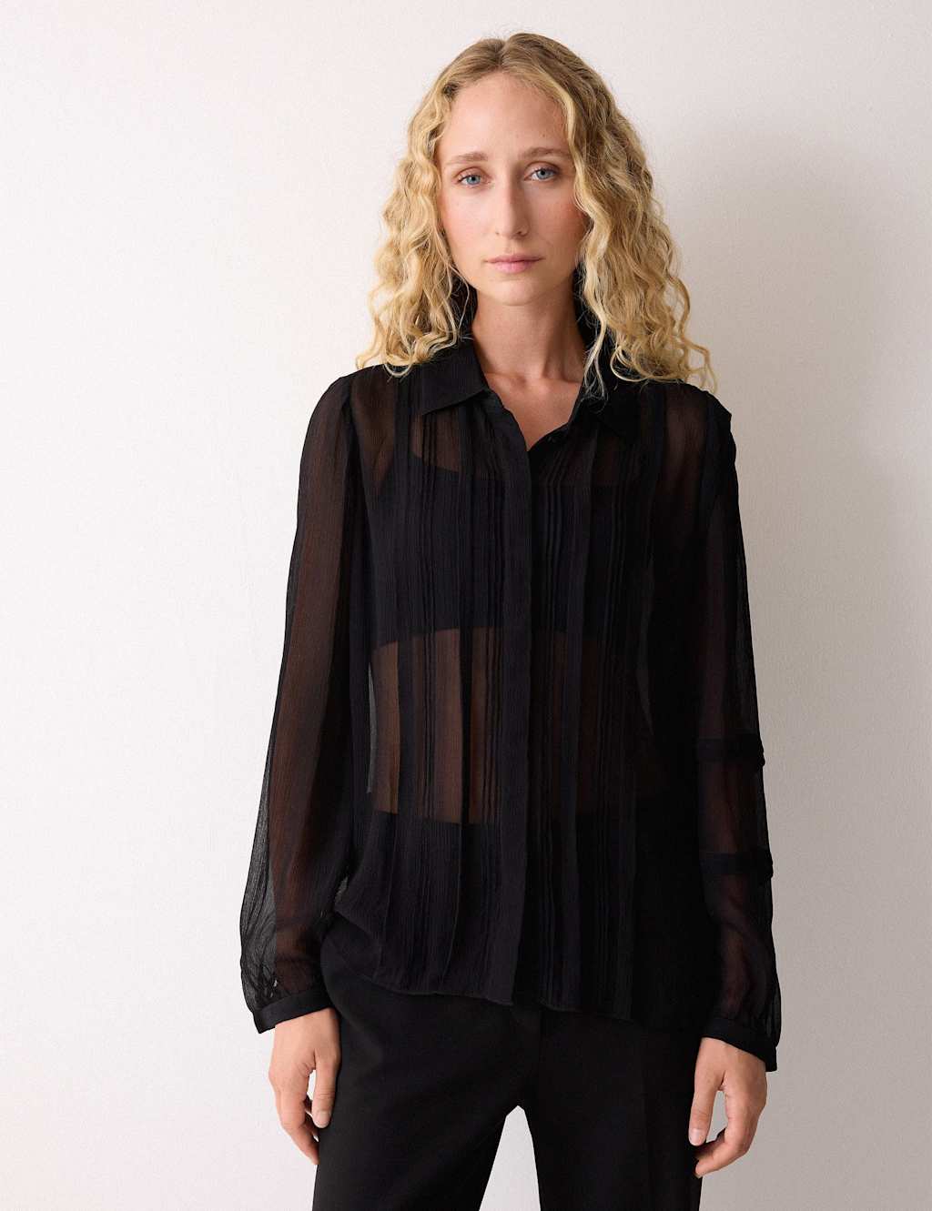 Jigsaw Georgette Collared Pintuck Shirt Black