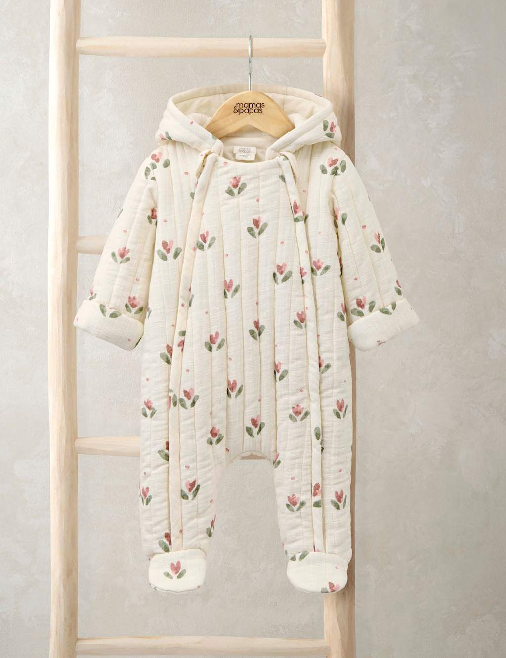 Mamas & Papas Pure Cotton Floral Hooded Pramsuit (0-12 Mths) Cream Mix