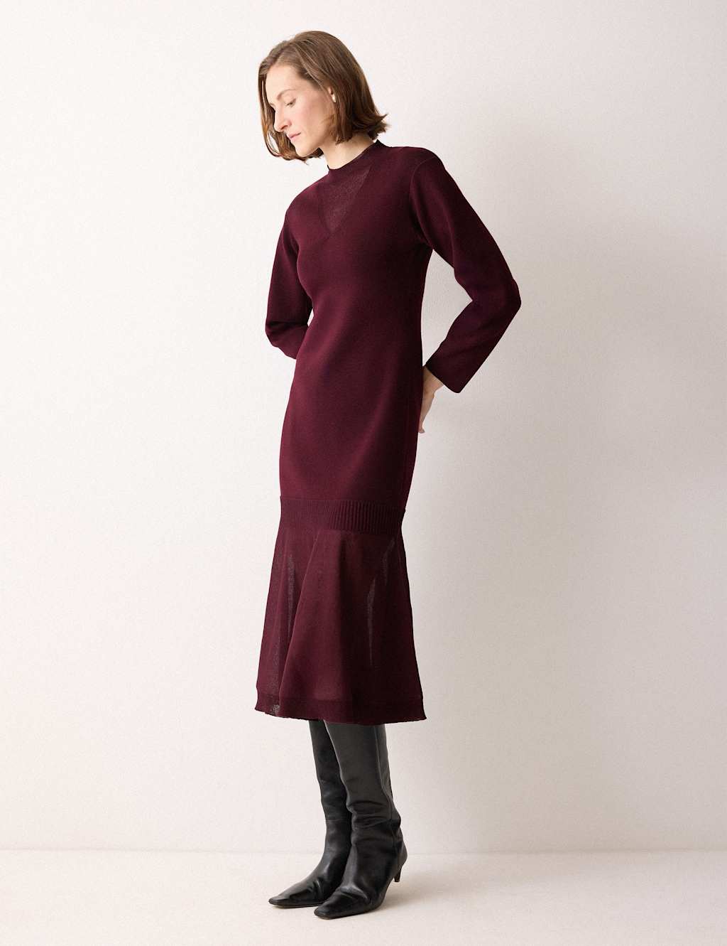 Jigsaw Wool Rich Knitted Midi Skater Dress Burgundy