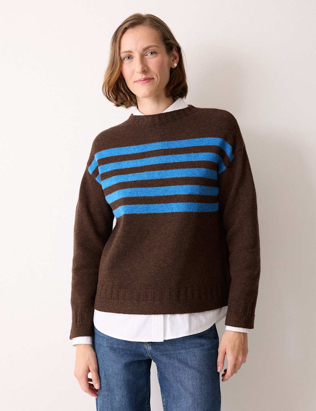 Jigsaw Pure Wool Striped Crew Neck Jumper Brown