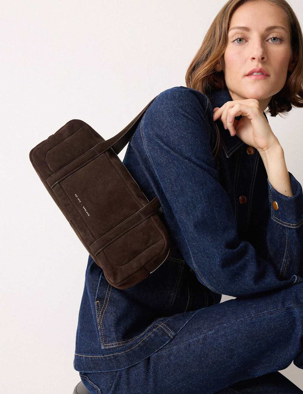 Jigsaw Suede Baguette Shoulder Bag Brown